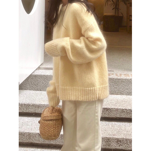 馬海毛奶黃色毛衣套頭秋冬新款慵懶風軟糯圓領針織衫寬松加厚外穿 馬海毛奶黃色毛衣套頭秋冬新款慵懶風軟糯圓領針織衫寬松加厚外穿
