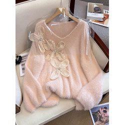 大碼女秋冬季新款高級感水貂絨v領毛衣胖mm顯瘦加厚打底內搭上衣