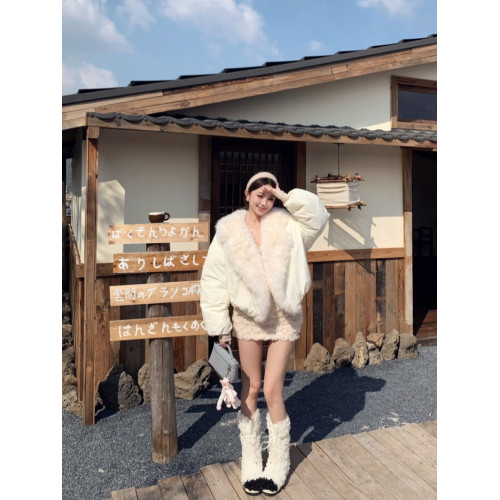 巧克少女美式黑色毛毛拼接羽絨服女冬季加厚保暖寬鬆短款棉服外套