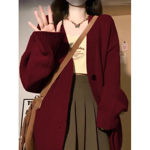 大碼胖MM酒紅色慵懶風針織開衫外套毛衣女秋冬2025新款oversize