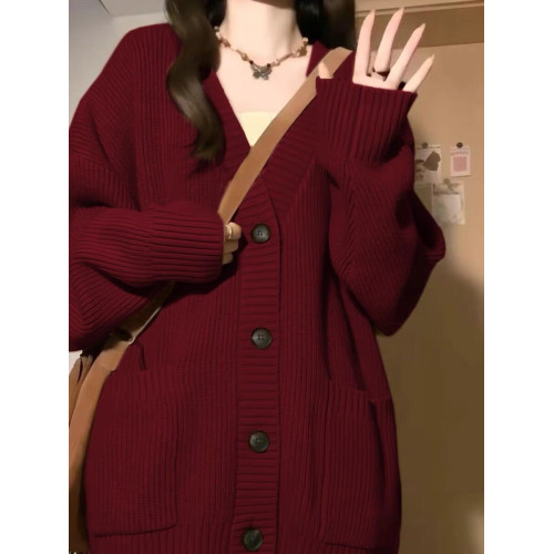 大碼胖MM酒紅色慵懶風針織開衫外套毛衣女秋冬2025新款oversize