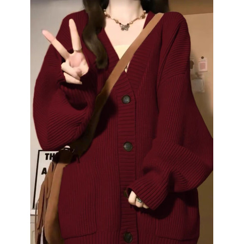 大碼胖MM酒紅色慵懶風針織開衫外套毛衣女秋冬2025新款oversize