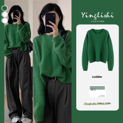 秋冬浣熊絨軟糯毛衣慵懶風寬松針織衫短款小個子套頭針織衫上衣