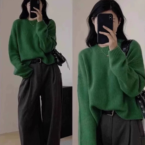 秋冬浣熊絨軟糯毛衣慵懶風寬松針織衫短款小個子套頭針織衫上衣