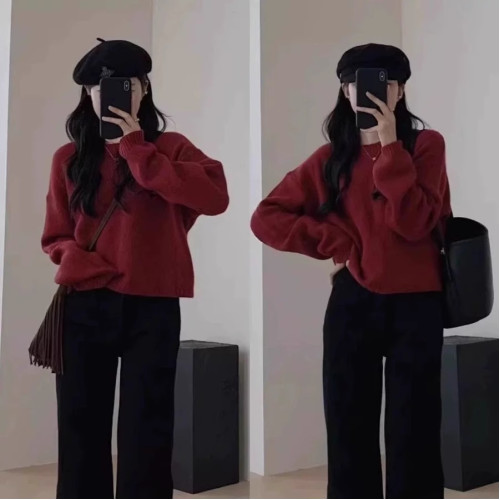 秋冬浣熊絨軟糯毛衣慵懶風寬松針織衫短款小個子套頭針織衫上衣