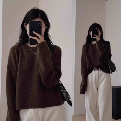 秋冬浣熊絨軟糯毛衣慵懶風寬松針織衫短款小個子套頭針織衫上衣