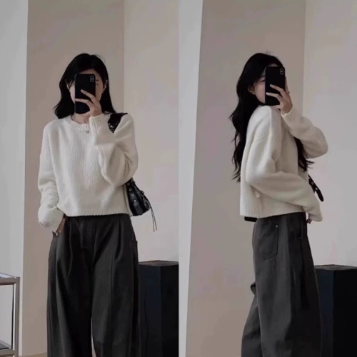 秋冬浣熊絨軟糯毛衣慵懶風寬松針織衫短款小個子套頭針織衫上衣