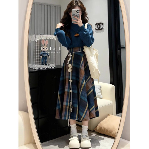 韓系高級感慵懶風藍色針織毛衣女秋冬季寬松可外穿內搭打底衫上衣