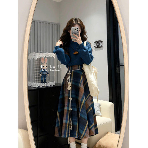 韓系高級感慵懶風藍色針織毛衣女秋冬季寬松可外穿內搭打底衫上衣