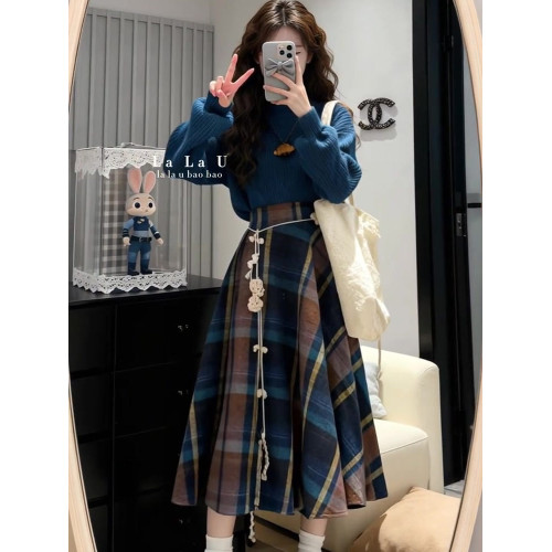 韓系高級感慵懶風藍色針織毛衣女秋冬季寬松可外穿內搭打底衫上衣