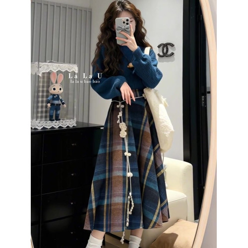 韓系高級感慵懶風藍色針織毛衣女秋冬季寬松可外穿內搭打底衫上衣