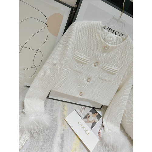 FFmiss◆法式洋氣羊毛呢羽毛小香風短外套編織珍珠流蘇毛毛開衫女 FFmiss◆法式洋氣羊毛呢羽毛小香風短外套編織珍珠流蘇毛毛開衫女