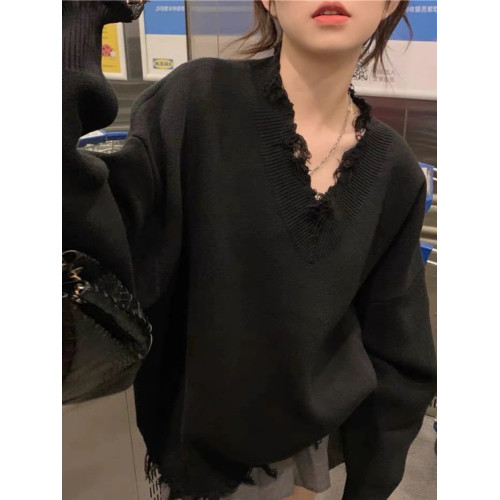 復古日系慵懶風韓系設計感毛衣女新款2022秋冬寬松外穿破洞針織衫