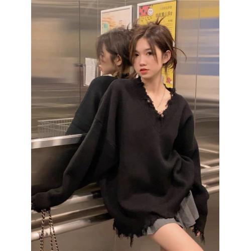 復古日系慵懶風韓系設計感毛衣女新款2022秋冬寬松外穿破洞針織衫