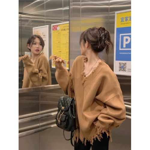 復古日系慵懶風韓系設計感毛衣女新款2022秋冬寬松外穿破洞針織衫