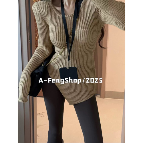 2025冬新款時尚氣質百搭顯瘦圓領長袖針織衫不規則下擺打底衫女