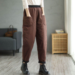 撿漏~日系原單夾棉哈倫褲女秋冬季高腰撞色加厚休閒外穿保暖棉褲