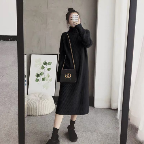 黑色高領打底毛衣裙女2025新款秋冬內搭寬松慵懶風過膝中長款加厚