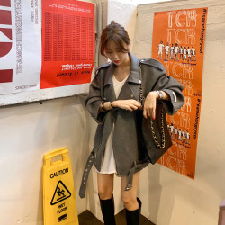 韓國機車夾克上衣女秋冬網紅帥氣翻領拉鍊腰帶寬松加厚毛呢外套潮