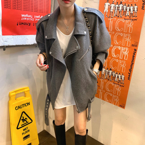 韓國機車夾克上衣女秋冬網紅帥氣翻領拉鍊腰帶寬松加厚毛呢外套潮 韓國機車夾克上衣女秋冬網紅帥氣翻領拉鍊腰帶寬松加厚毛呢外套潮