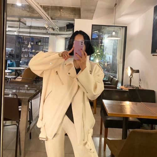 韓國機車夾克上衣女秋冬網紅帥氣翻領拉鍊腰帶寬松加厚毛呢外套潮 韓國機車夾克上衣女秋冬網紅帥氣翻領拉鍊腰帶寬松加厚毛呢外套潮