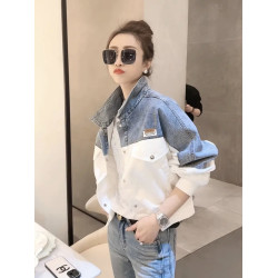 美式復古撞色牛仔拼接外套女早春新款翻領短款寬松百搭夾克上衣潮