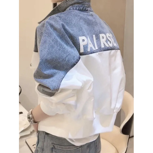 美式復古撞色牛仔拼接外套女早春新款翻領短款寬松百搭夾克上衣潮