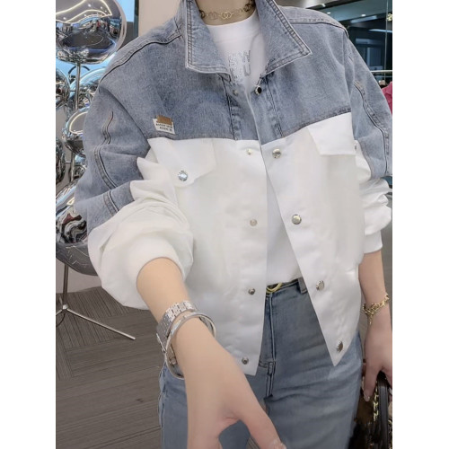 美式復古撞色牛仔拼接外套女早春新款翻領短款寬松百搭夾克上衣潮