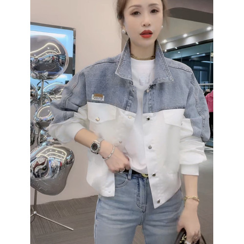 美式復古撞色牛仔拼接外套女早春新款翻領短款寬松百搭夾克上衣潮