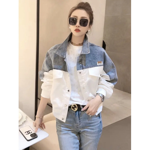 美式復古撞色牛仔拼接外套女早春新款翻領短款寬松百搭夾克上衣潮