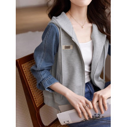 休閒牛仔拼接上衣2025春秋新款設計感抽繩連帽質感百搭夾克外套女