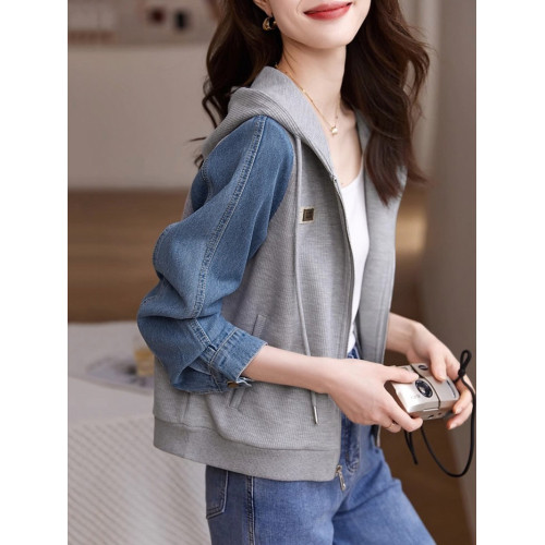 休閒牛仔拼接上衣2025春秋新款設計感抽繩連帽質感百搭夾克外套女 休閒牛仔拼接上衣2025春秋新款設計感抽繩連帽質感百搭夾克外套女