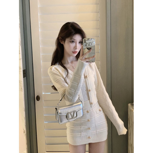 小香風針織開衫上衣高腰短裙兩件套裝女設計感毛衣外套裙子秋冬季