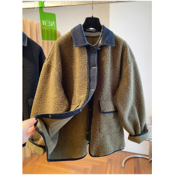 2025秋季新款韓版大碼寬松顯瘦百搭牛仔拼接羊羔毛外套女上衣潮流