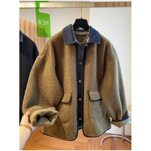 2025秋季新款韓版大碼寬松顯瘦百搭牛仔拼接羊羔毛外套女上衣潮流 2025秋季新款韓版大碼寬松顯瘦百搭牛仔拼接羊羔毛外套女上衣潮流