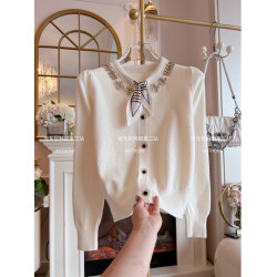 法式2025年春秋新款氣質絲巾重工鑲鑽長袖針織開衫女別致獨特毛衣