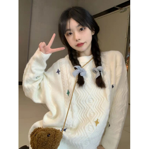 日系復古可愛軟糯麻花毛衣女秋冬慵嬾風寬鬆套頭外穿加厚針織上衣