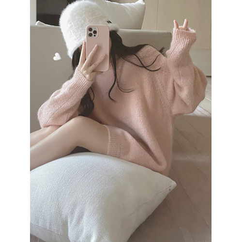 粉色溫柔風軟糯套頭針織衫女秋冬加厚中長款毛衣外穿嬭系甜酷上衣