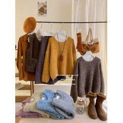 超韓松弛慵嬾範絨感加厚雜色毛衣女套裝外穿秋冬溫暖休閒寬鬆上衣