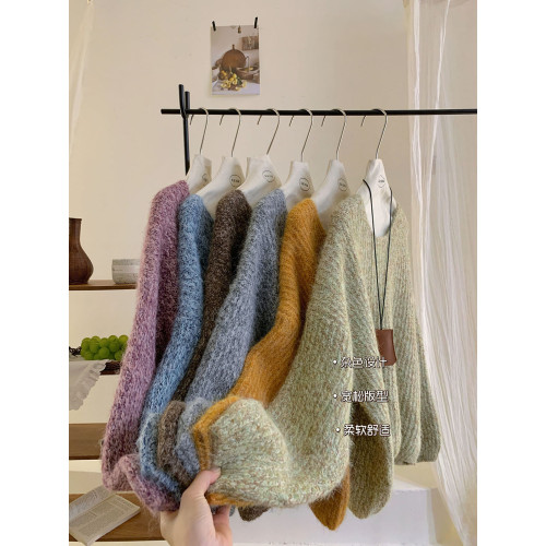 超韓松弛慵嬾範絨感加厚雜色毛衣女套裝外穿秋冬溫暖休閒寬鬆上衣