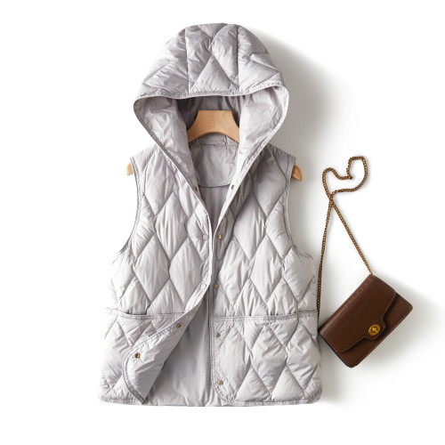 壓線菱格休閒連帽單排釦90白鴨絨輕薄百搭羽絨服背心內搭外穿馬甲 壓線菱格休閒連帽單排釦90白鴨絨輕薄百搭羽絨服背心內搭外穿馬甲