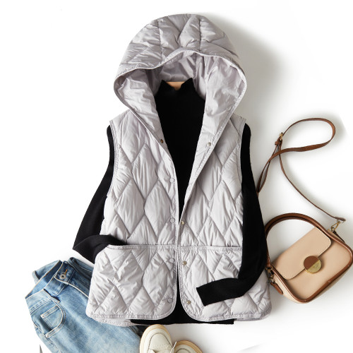 壓線菱格休閒連帽單排釦90白鴨絨輕薄百搭羽絨服背心內搭外穿馬甲 壓線菱格休閒連帽單排釦90白鴨絨輕薄百搭羽絨服背心內搭外穿馬甲