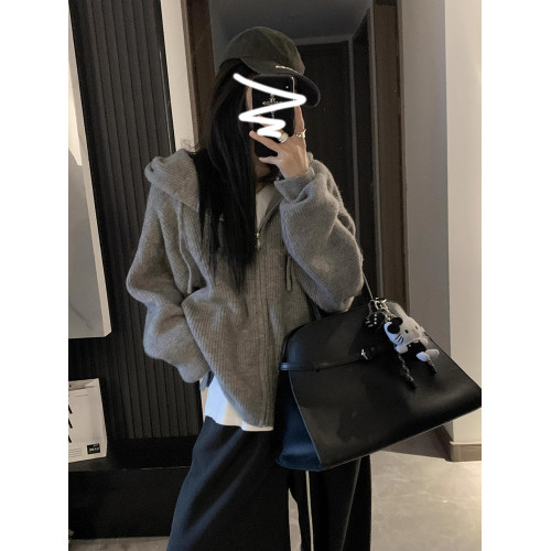 韓系連帽拉鍊毛衣女冬季2025新款內搭慵嬾高級感針織開衫衛衣外套