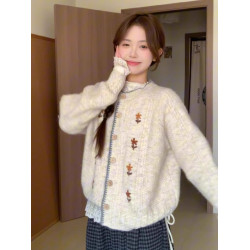 韓系軟糯高級感圓領花朵刺綉開衫毛衣外套女春秋款慵嬾風穿搭上衣