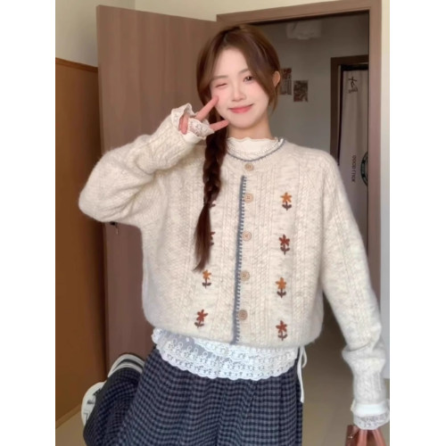 韓系軟糯高級感圓領花朵刺綉開衫毛衣外套女春秋款慵嬾風穿搭上衣