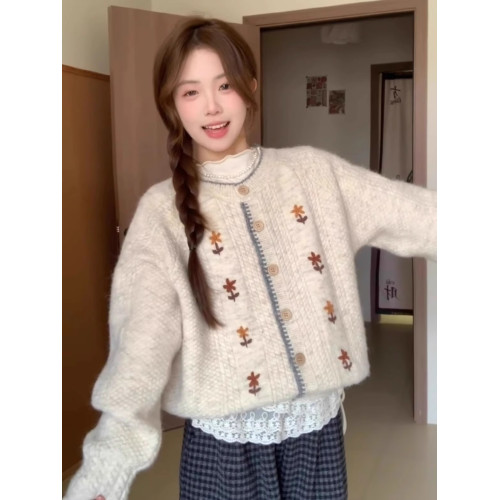 韓系軟糯高級感圓領花朵刺綉開衫毛衣外套女春秋款慵嬾風穿搭上衣