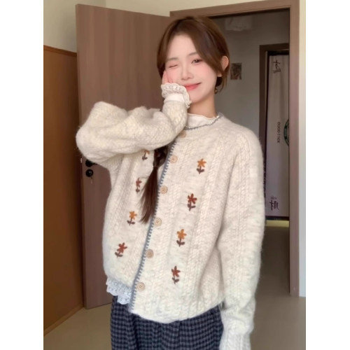 韓系軟糯高級感圓領花朵刺綉開衫毛衣外套女春秋款慵嬾風穿搭上衣
