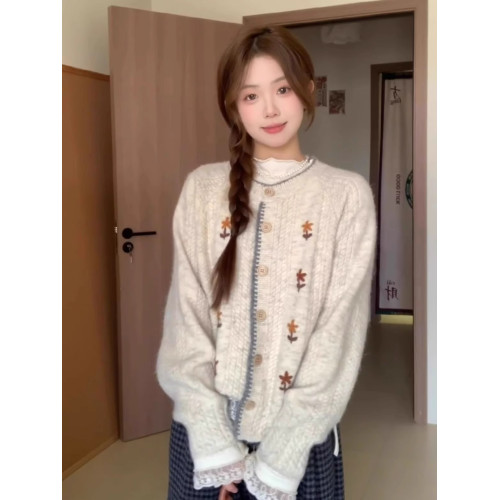 韓系軟糯高級感圓領花朵刺綉開衫毛衣外套女春秋款慵嬾風穿搭上衣