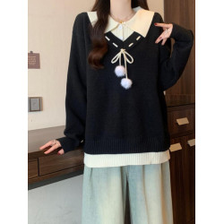 學院風polo領正肩毛衣女2025秋季大碼胖mm遮肚子針織衫假兩件上衣