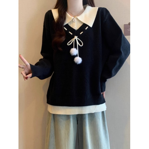 學院風polo領正肩毛衣女2025秋季大碼胖mm遮肚子針織衫假兩件上衣